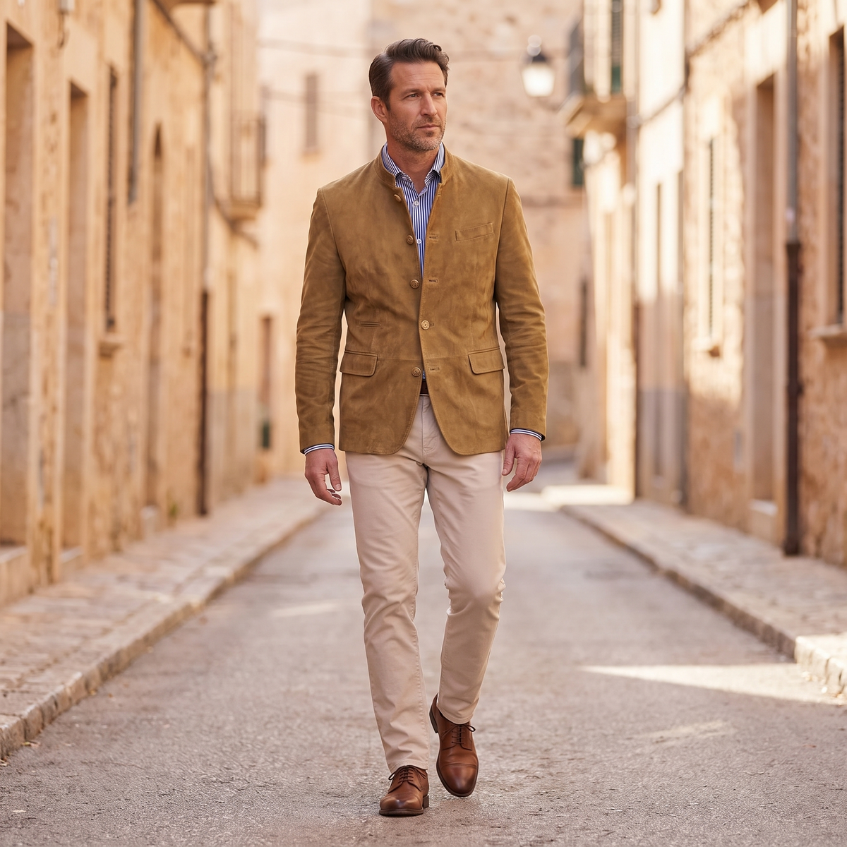 Kessoro Carver suede blazer, styled on a city street