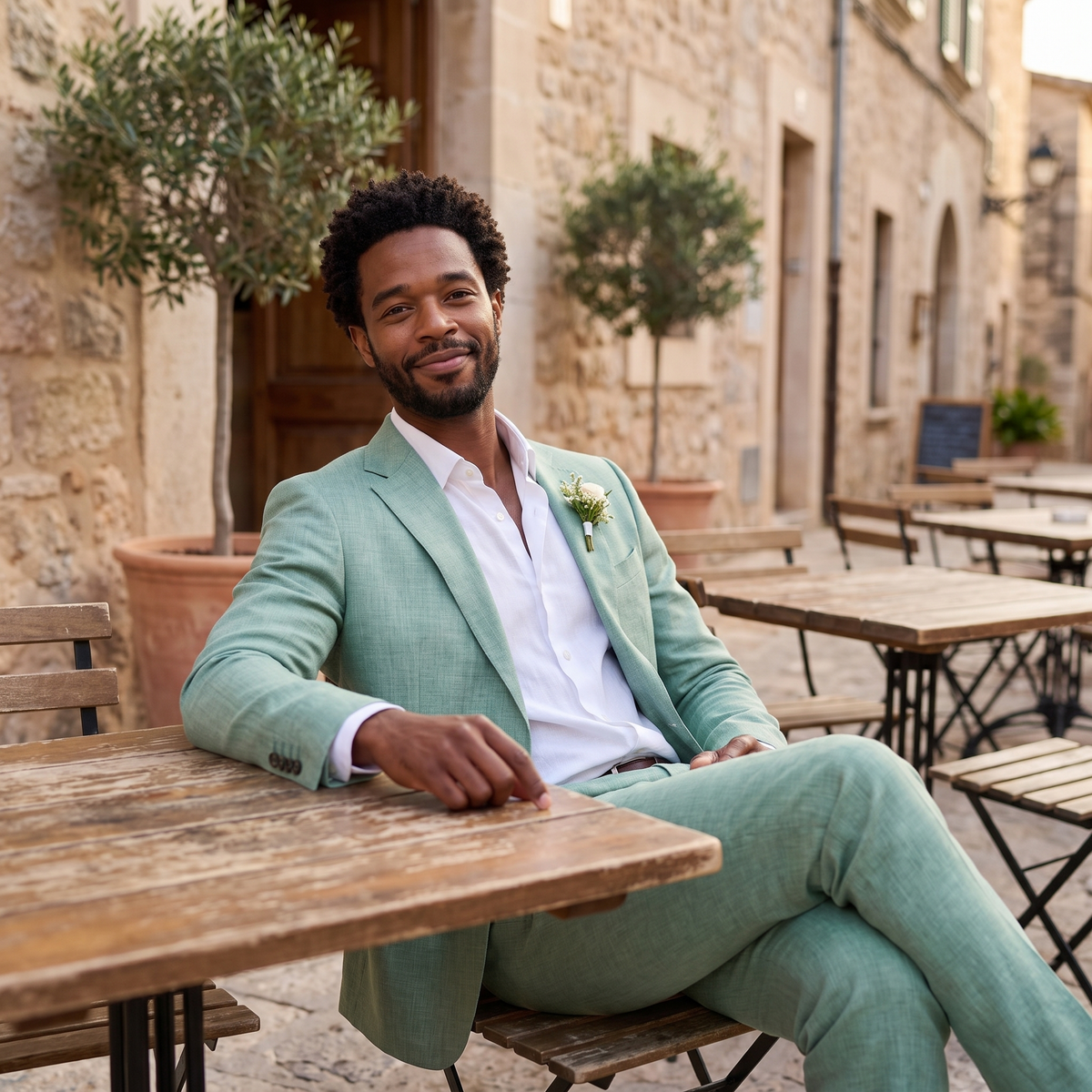 Kessoro Lawson linen two-piece set, at a café terrace