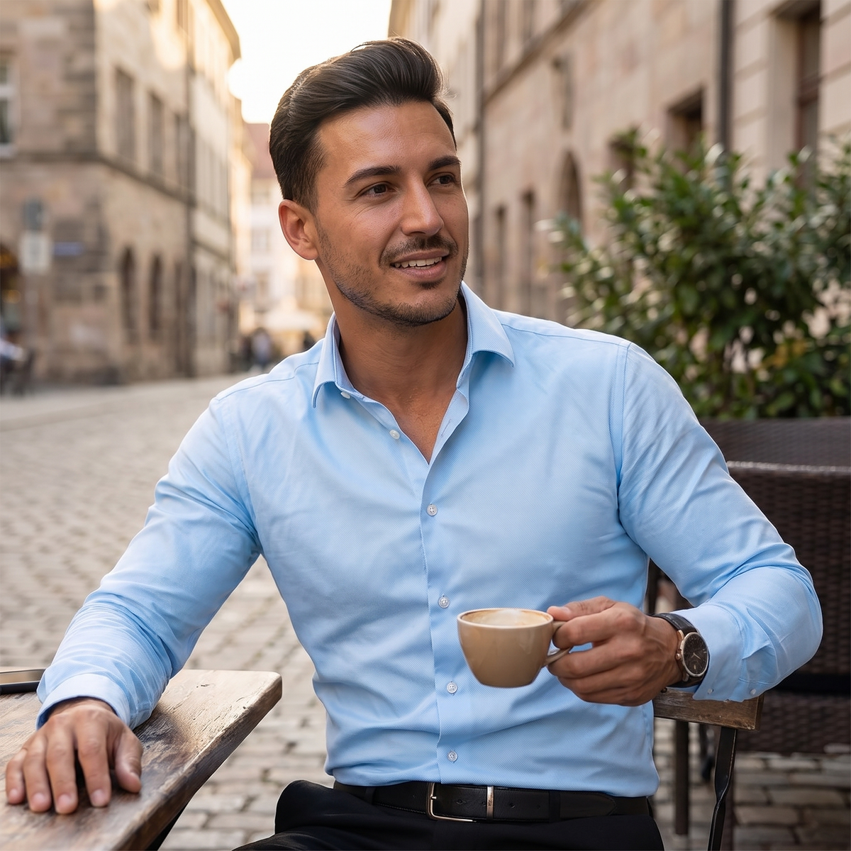 Kessoro Grant long-sleeve business casual shirt, at a café terrace
