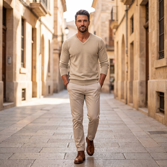 Kessoro Rowan slim-fit knit sweater, styled on a city street
