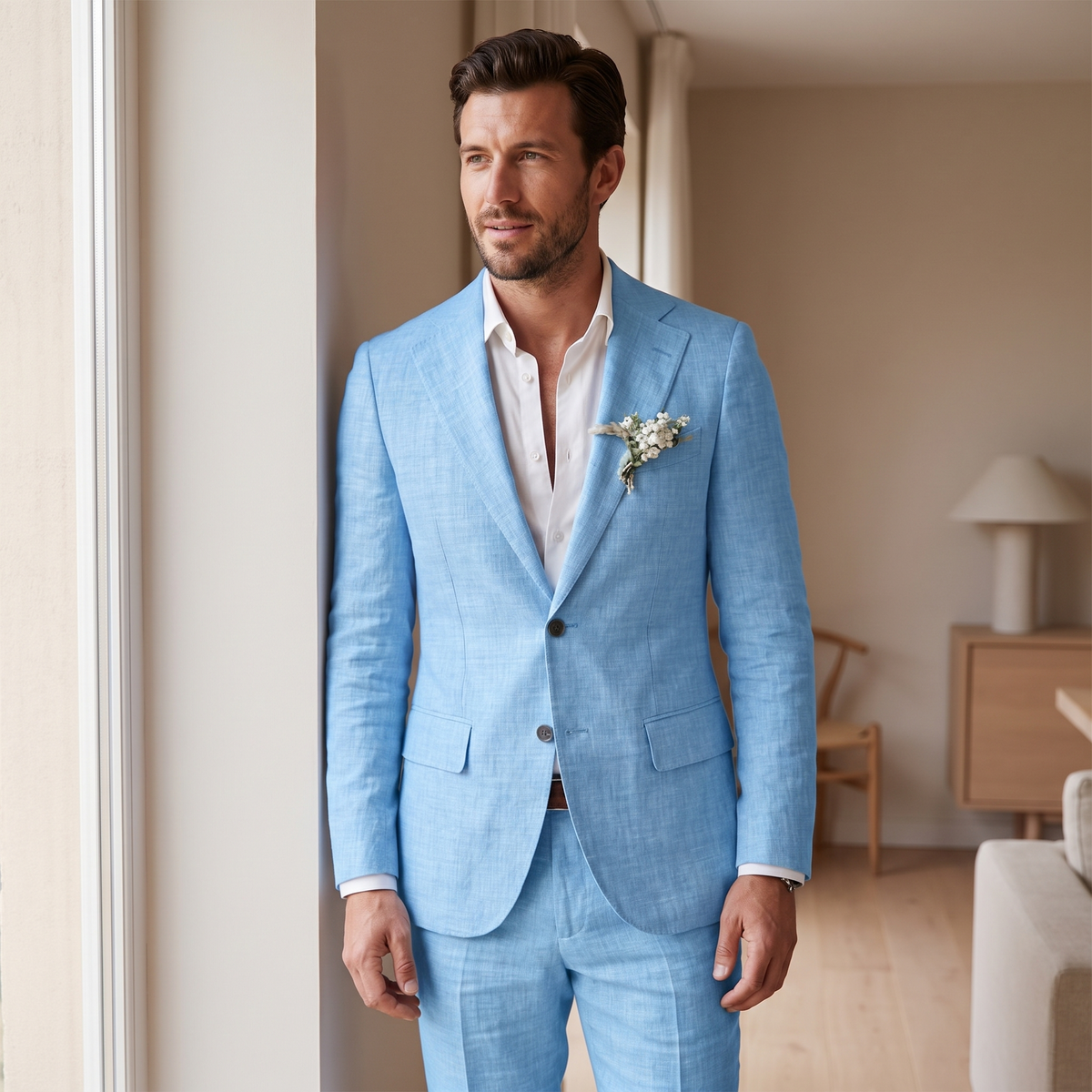 Kessoro Rivera slim-fit linen suit, at home in natural light