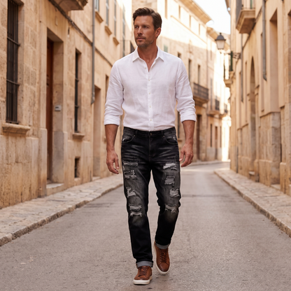 Kessoro Harlan distressed straight-leg jeans, styled on a city street