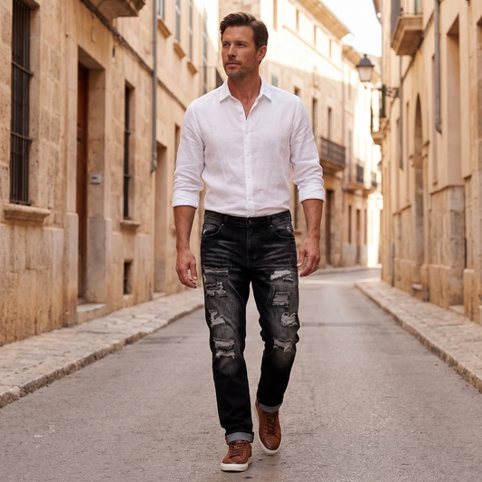 Kessoro Harlan distressed straight-leg jeans, styled on a city street