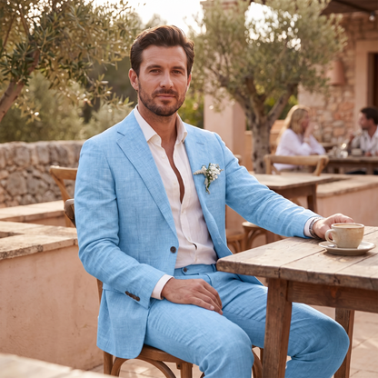 Kessoro Rivera slim-fit linen suit, at a café terrace