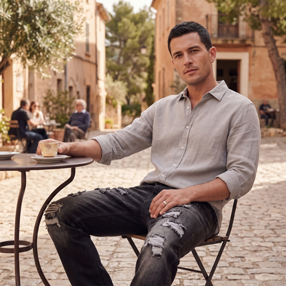 Kessoro Harlan distressed straight-leg jeans, at a café terrace