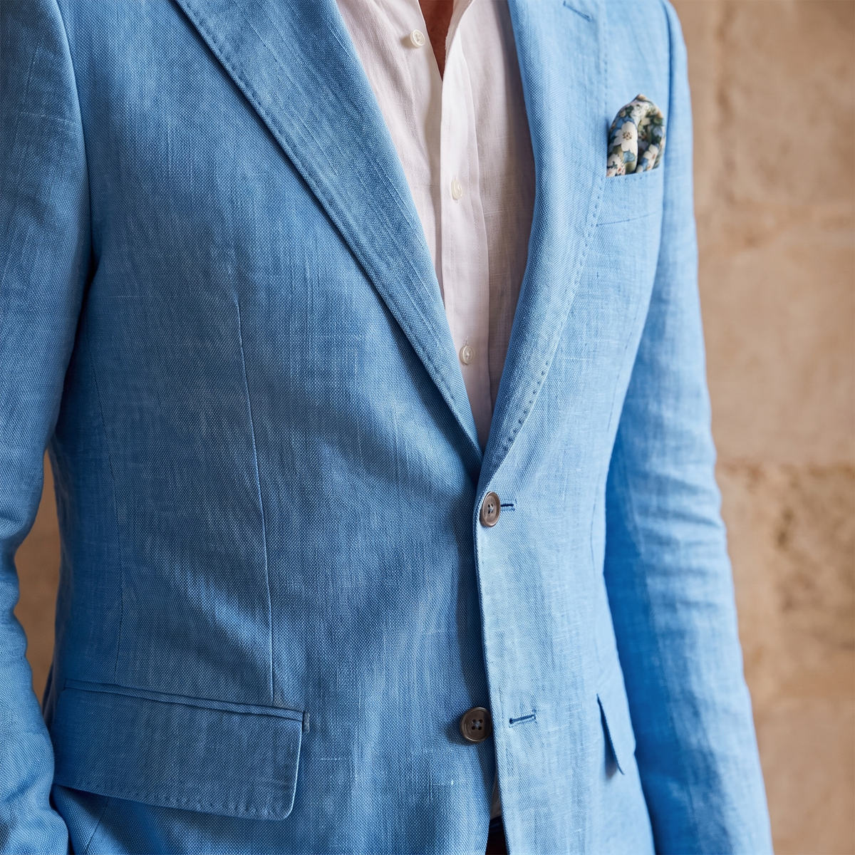 Kessoro Rivera slim-fit linen suit, fabric and detail close-up