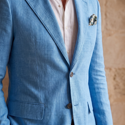 Kessoro Rivera slim-fit linen suit, fabric and detail close-up