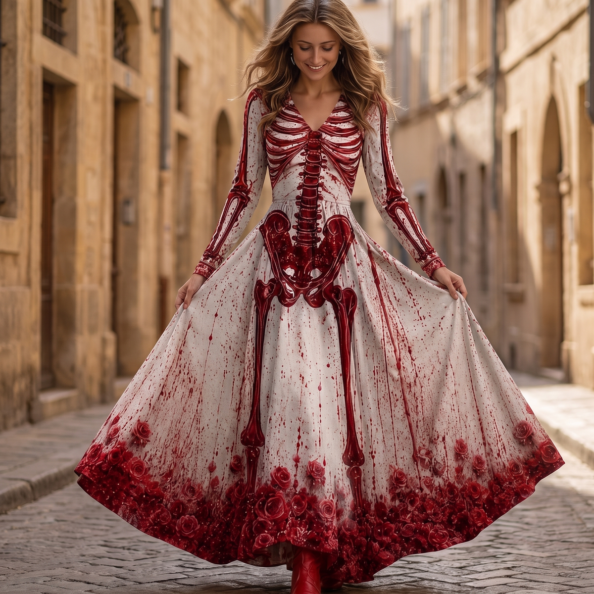 Kessoro Ravenna skeleton and rose print long-sleeve maxi dress, styled on a city street