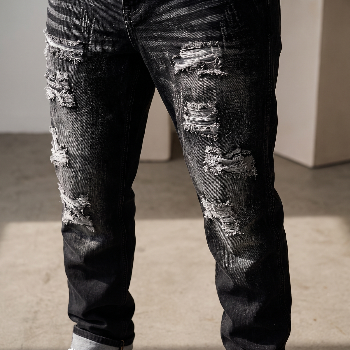 Kessoro Harlan distressed straight-leg jeans, fabric and detail close-up