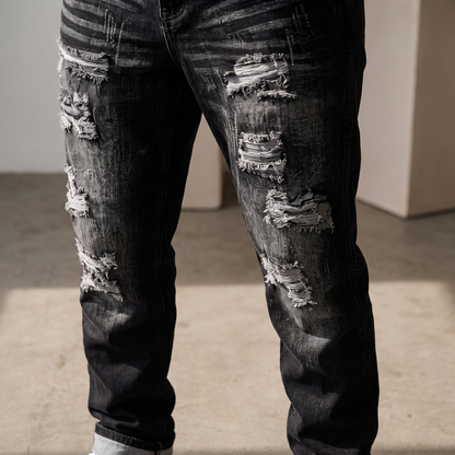 Kessoro Harlan distressed straight-leg jeans, fabric and detail close-up