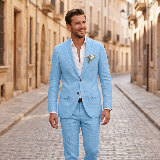Kessoro Rivera slim-fit linen suit, styled on a city street