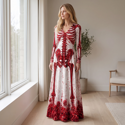 Kessoro Ravenna skeleton and rose print long-sleeve maxi dress, at home in natural light