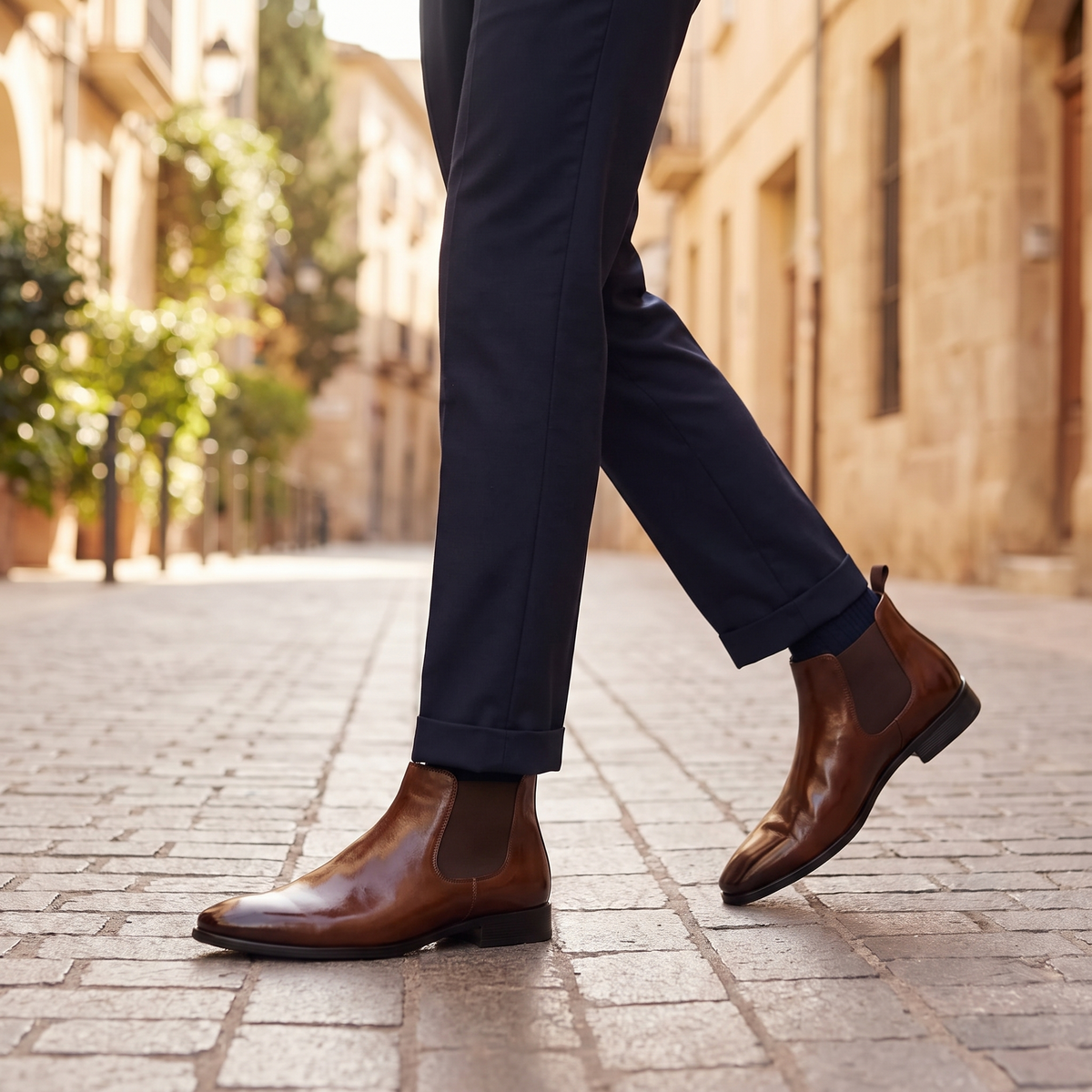 Kessoro Beckett polished Chelsea boots, styled on a city street