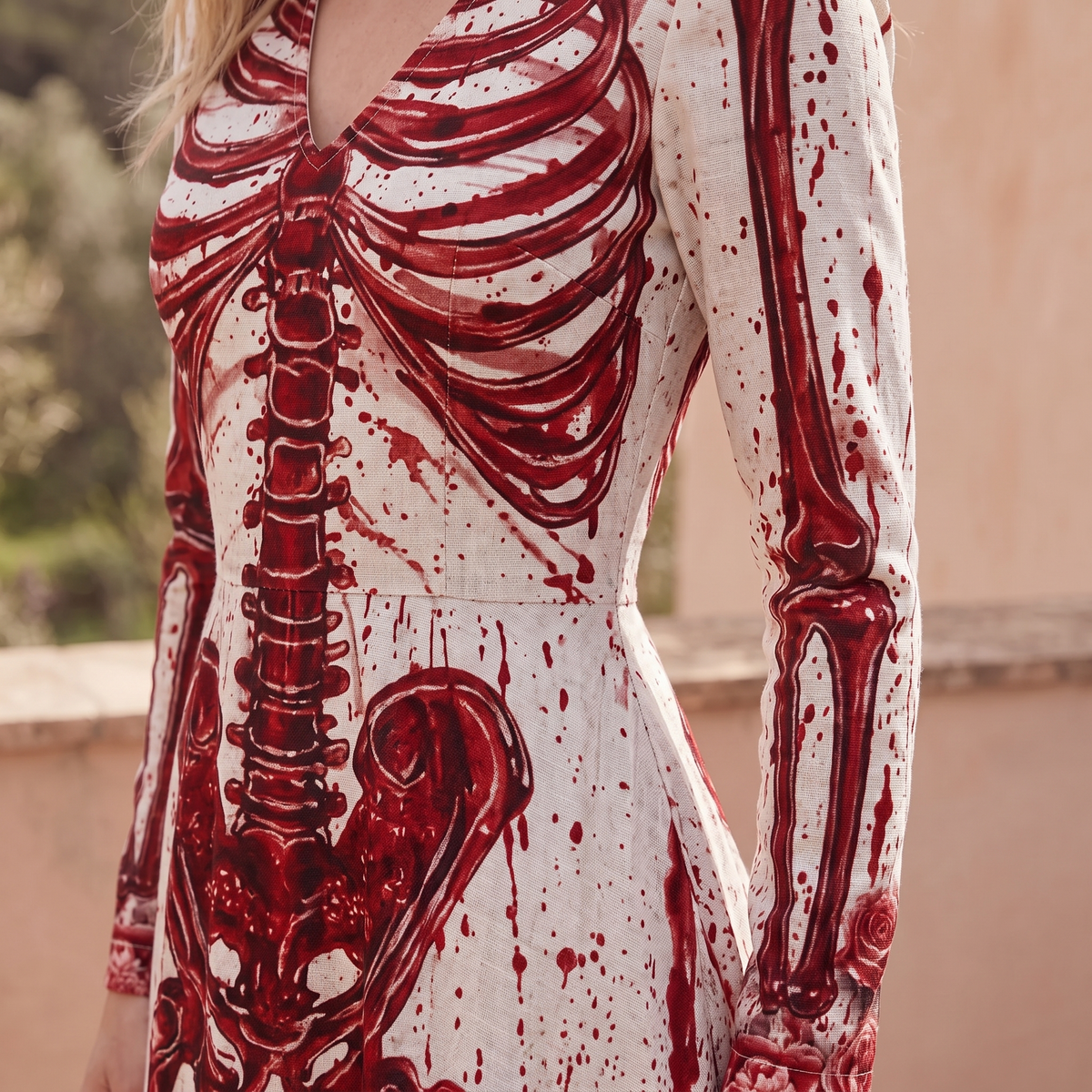 Kessoro Ravenna skeleton and rose print long-sleeve maxi dress, fabric and detail close-up