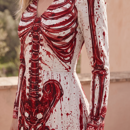 Kessoro Ravenna skeleton and rose print long-sleeve maxi dress, fabric and detail close-up