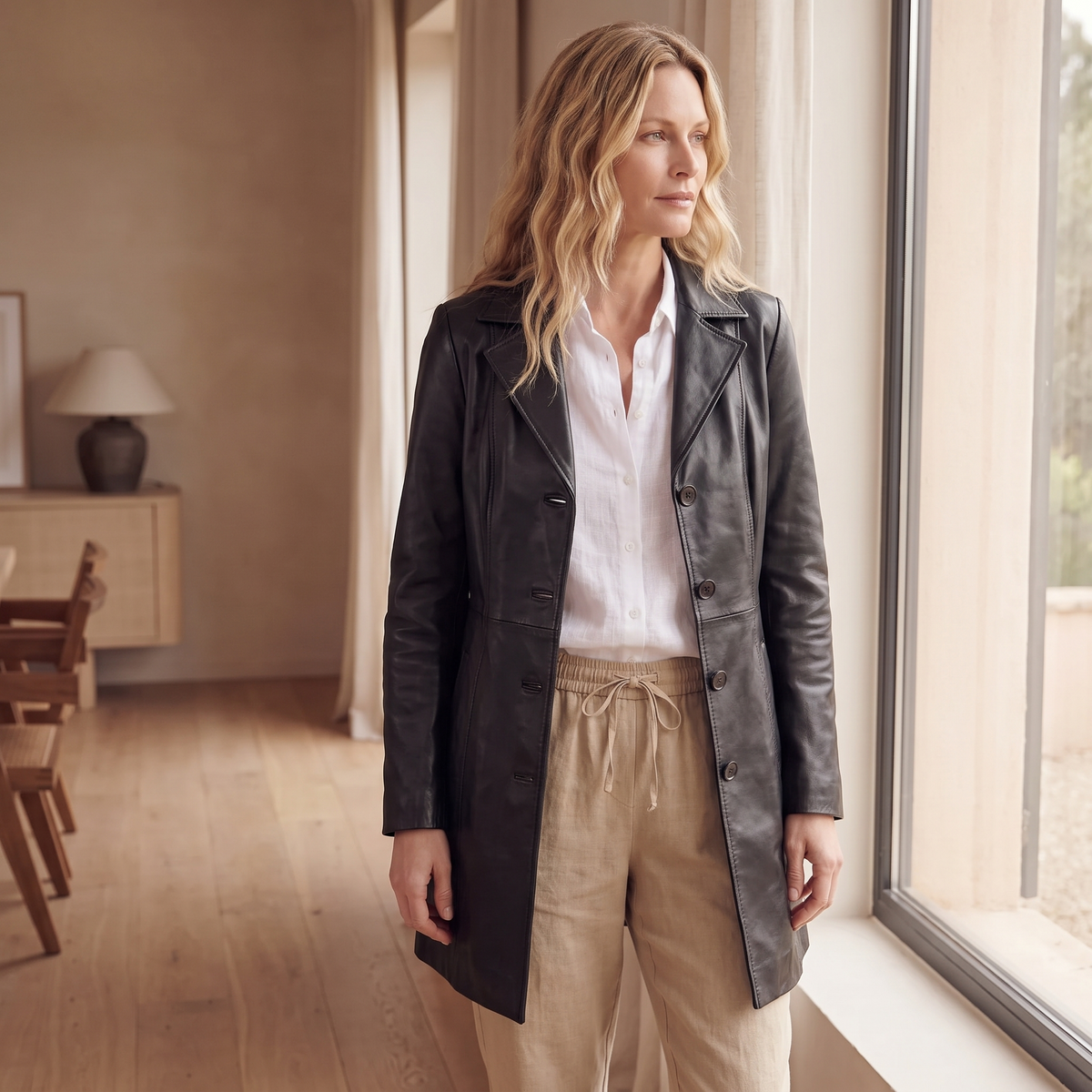 Kessoro Vivienne tailored mid-length coat, at home in natural light