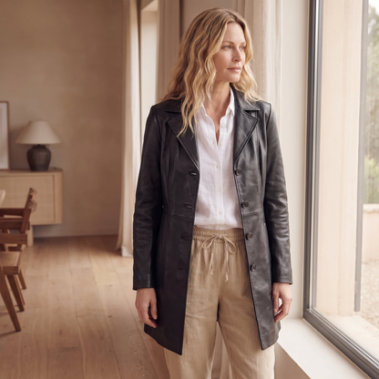 Kessoro Vivienne tailored mid-length coat, at home in natural light