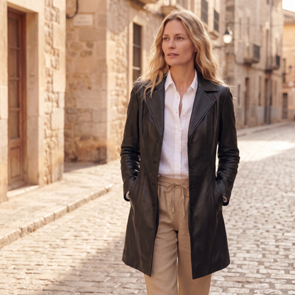 Kessoro Vivienne tailored mid-length coat, styled on a city street