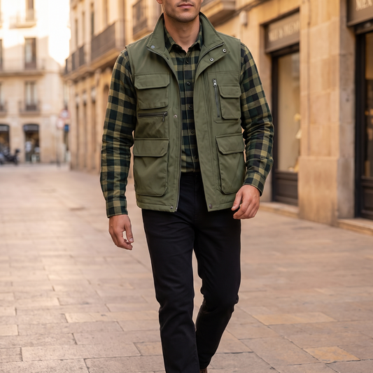 Kessoro Ridge multi-pocket utility vest, styled on a city street