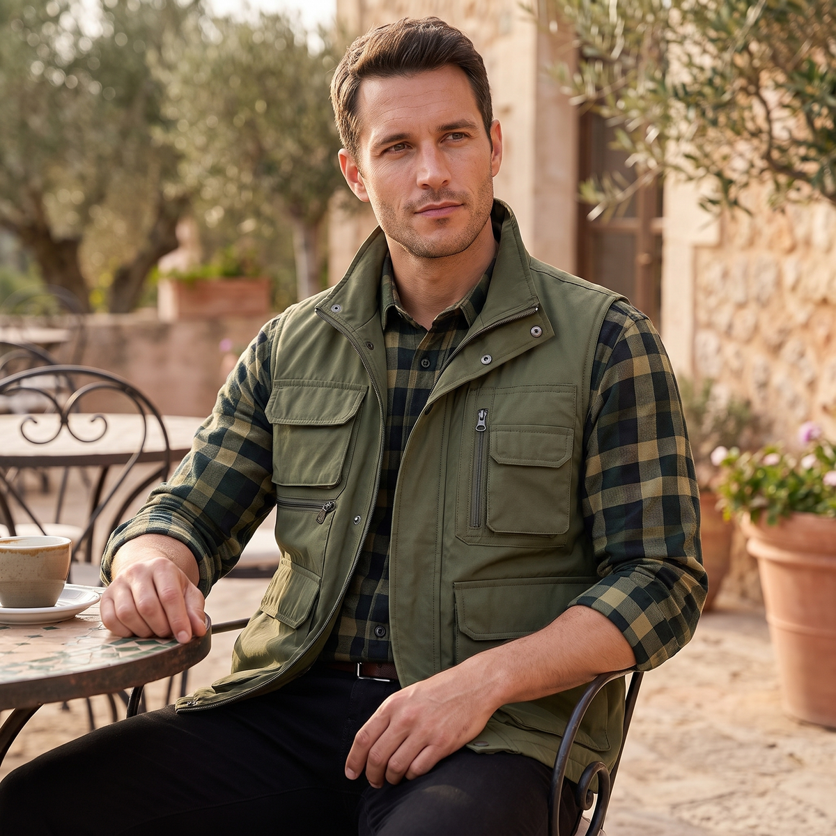 Kessoro Ridge multi-pocket utility vest, at a café terrace