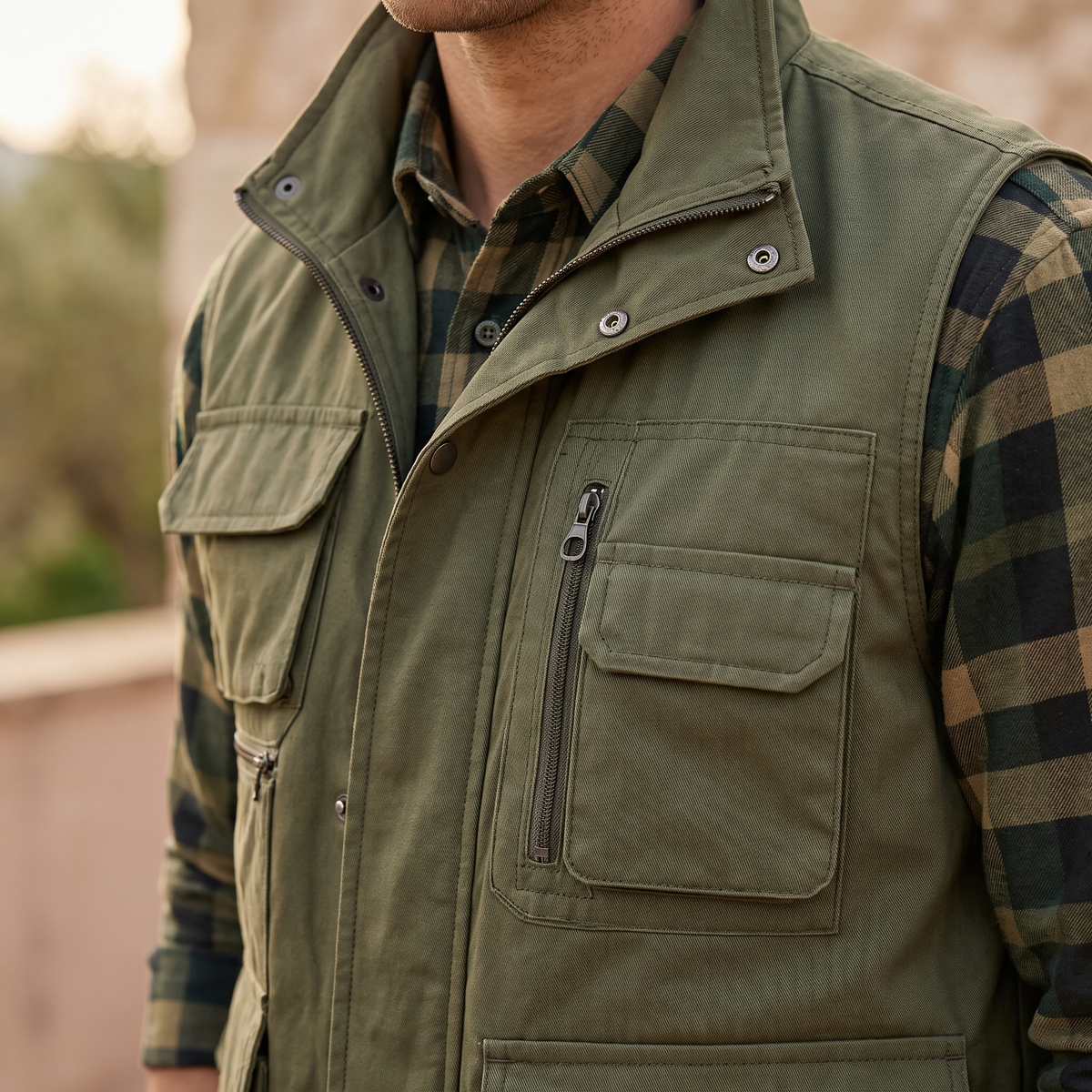 Kessoro Ridge multi-pocket utility vest, fabric and detail close-up