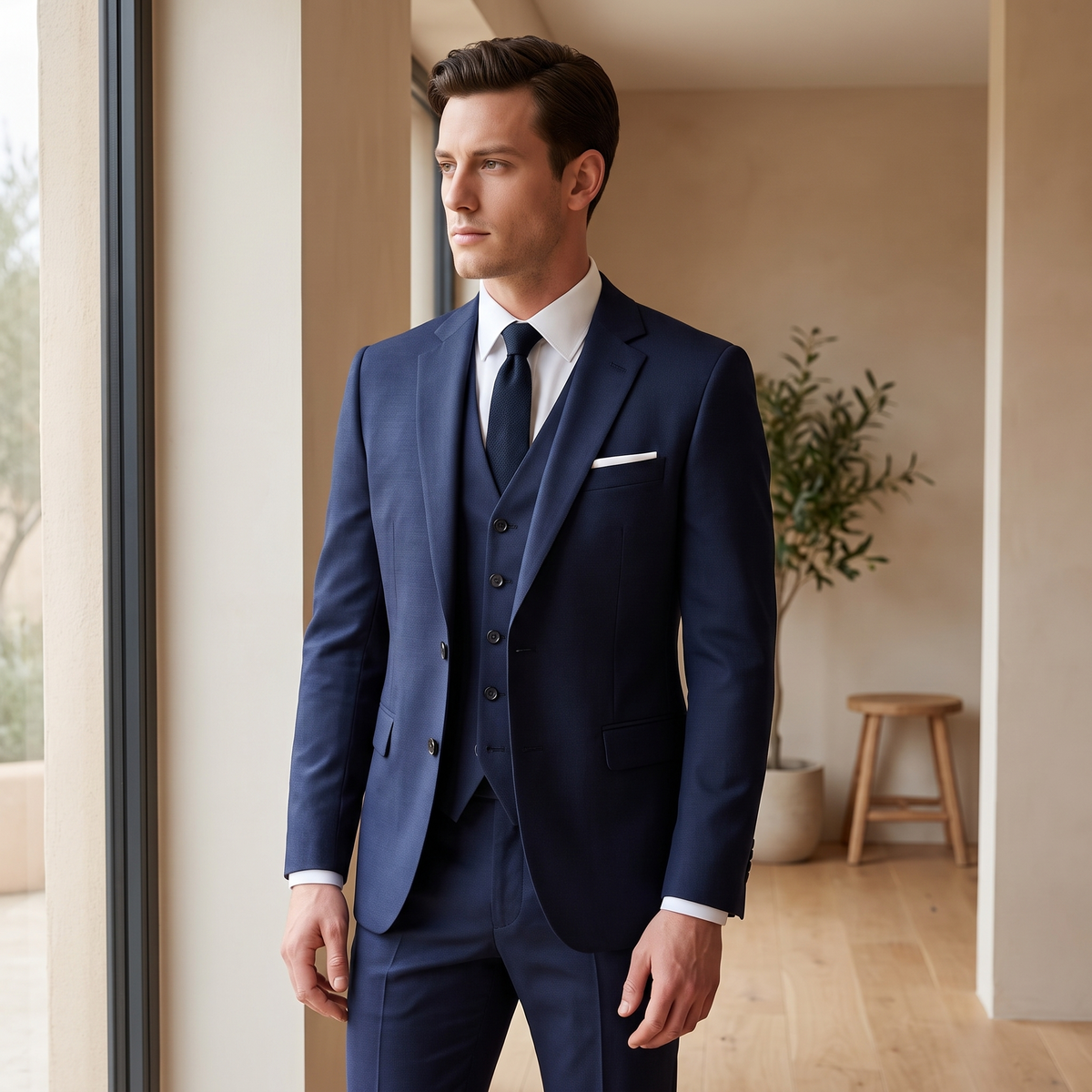 Kessoro Sterling three-piece suit, at home in natural light