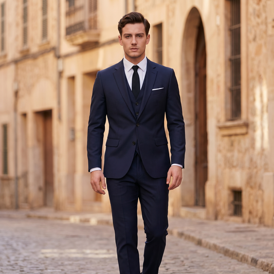 Kessoro Sterling three-piece suit, styled on a city street