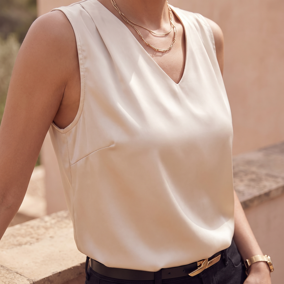 Kessoro Celine sleeveless draped V-neck blouse, fabric and detail close-up