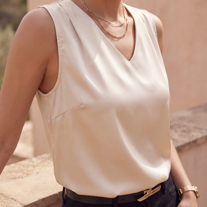 Kessoro Celine sleeveless draped V-neck blouse, fabric and detail close-up