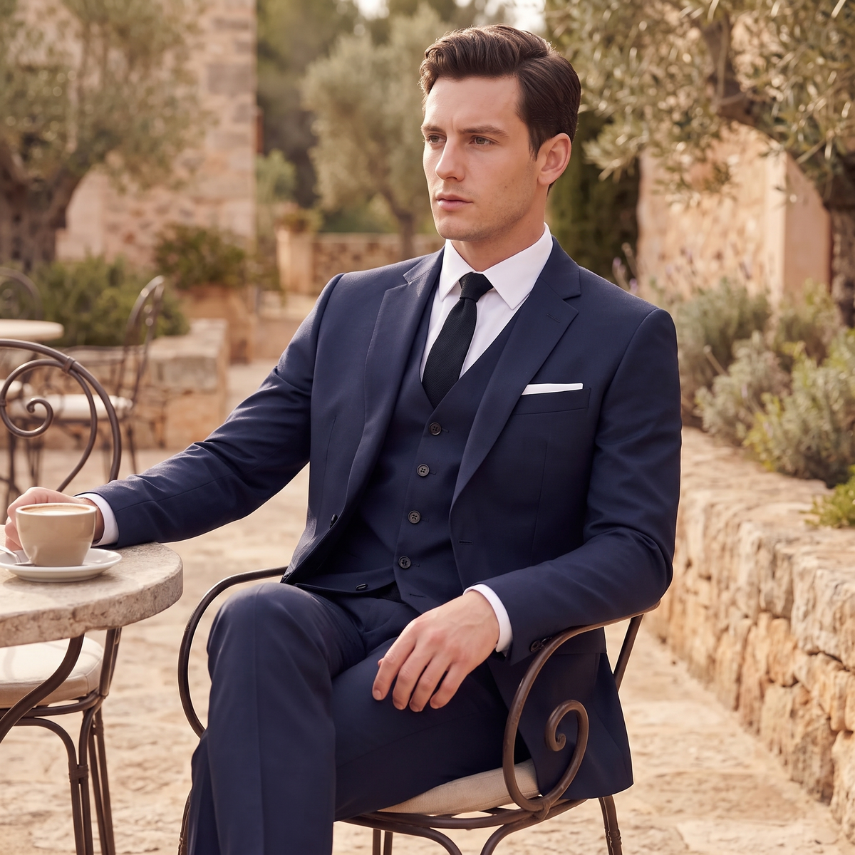 Kessoro Sterling three-piece suit, at a café terrace
