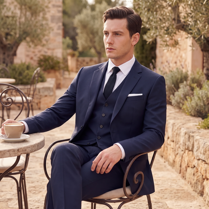 Kessoro Sterling three-piece suit, at a café terrace