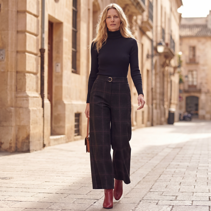 Kessoro Blair checked high-waist wide-leg trousers, styled on a city street