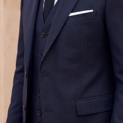 Kessoro Sterling three-piece suit, fabric and detail close-up