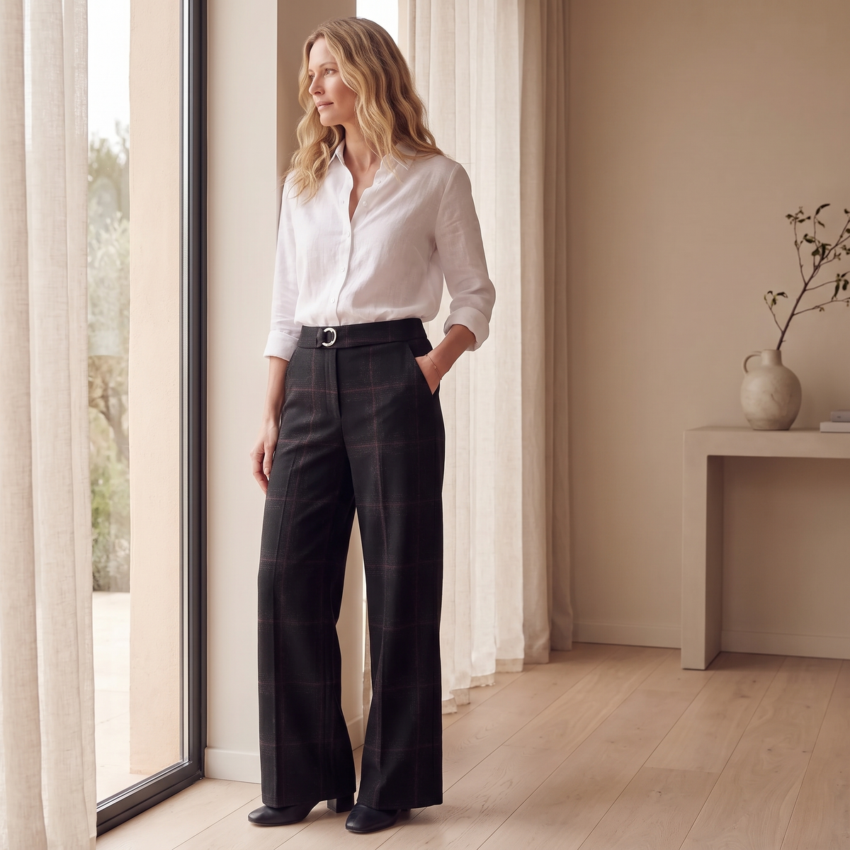 Kessoro Blair checked high-waist wide-leg trousers, at home in natural light