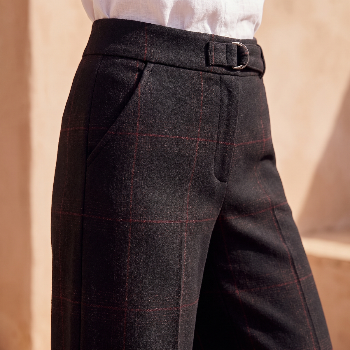 Kessoro Blair checked high-waist wide-leg trousers, fabric and detail close-up