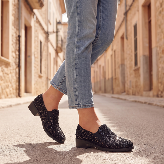 Kessoro Stella sparkling block heel slip-on loafers, styled on a city street