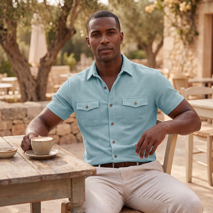 Kessoro Hayes chest-pocket button-up shirt, at a café terrace