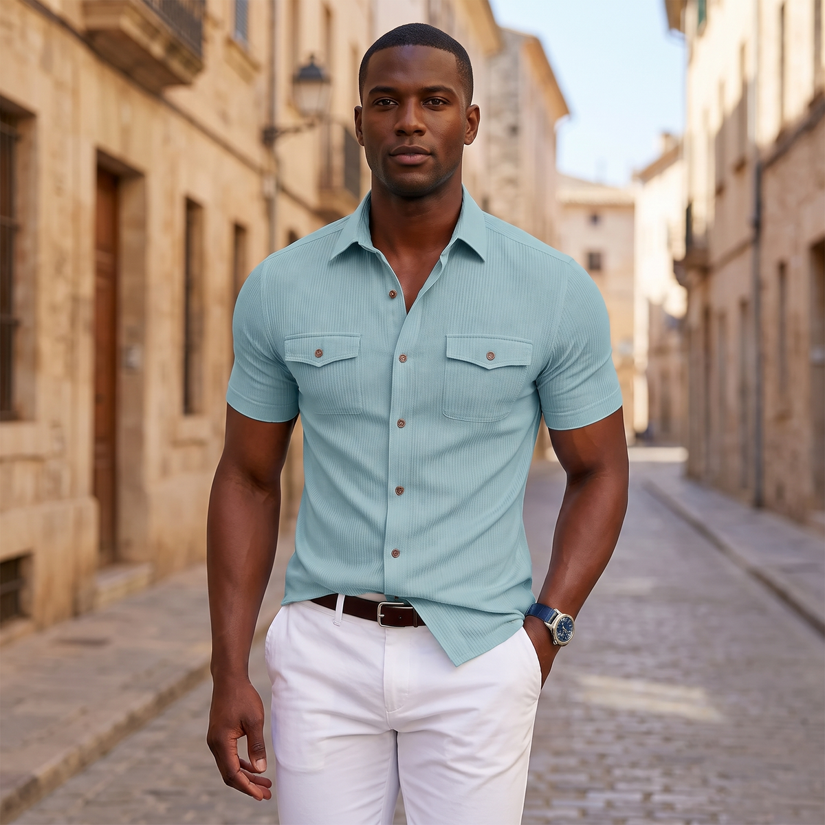 Kessoro Hayes chest-pocket button-up shirt, styled on a city street