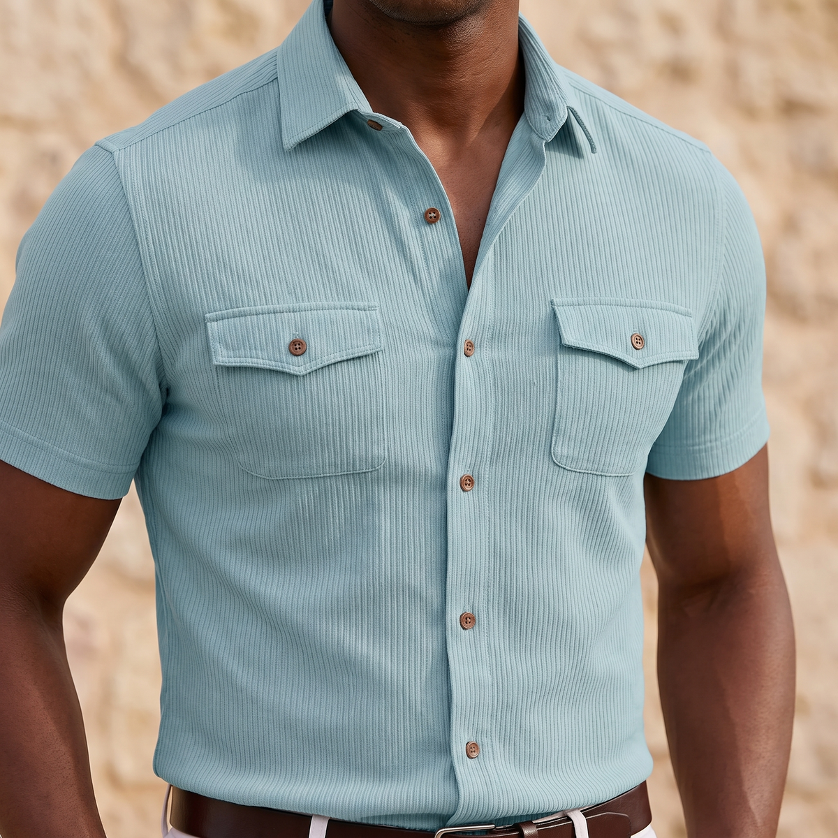 Kessoro Hayes chest-pocket button-up shirt, fabric and detail close-up