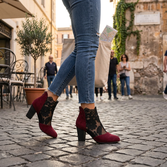 Kessoro Women's Floral Lace Block-Heel Ankle Boots