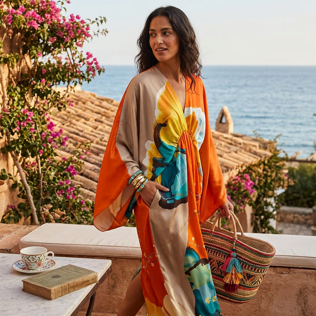 Kessoro Women's Printed V-Neck Long Beach Kimono Robe
