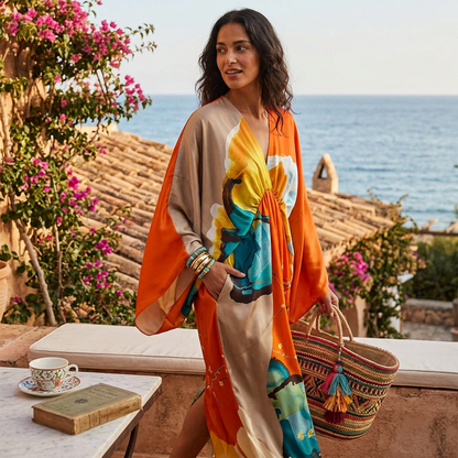 Kessoro Women's Printed V-Neck Long Beach Kimono Robe