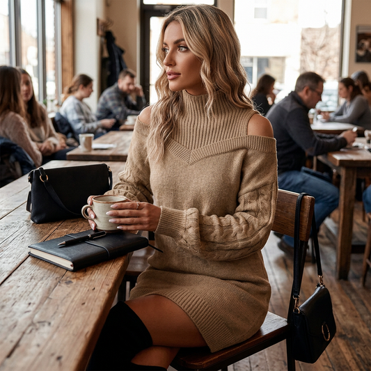 Kessoro Women's Cold-Shoulder Turtleneck Sweater Dress