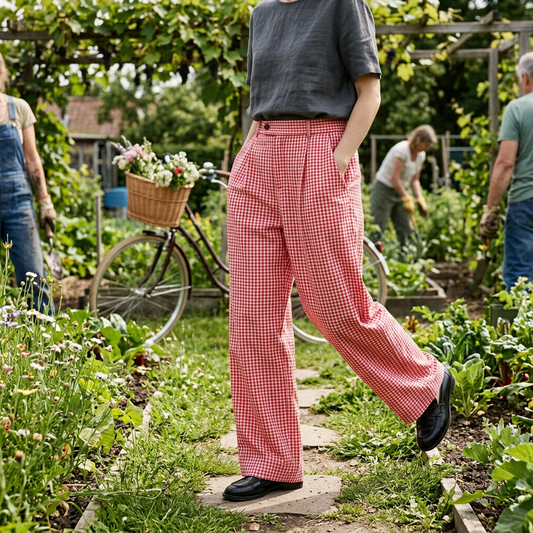 Kessoro Men's Wide-Leg Cotton Linen Plaid Trousers