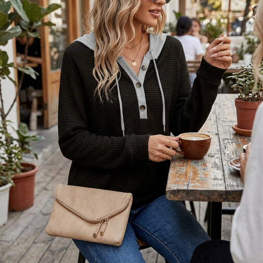 Kessoro Women's Waffle-Knit Button-Neck Hoodie