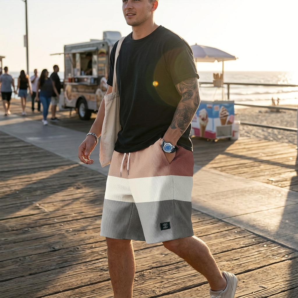 Kessoro Men's Color Block Drawstring Casual Shorts