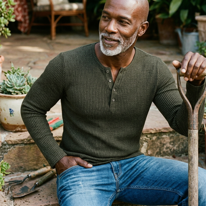 Kessoro Men's Ribbed Textured Long-Sleeve Henley Shirt