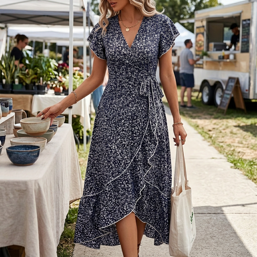 Kessoro Women's Flowing Floral Print Wrap Dress