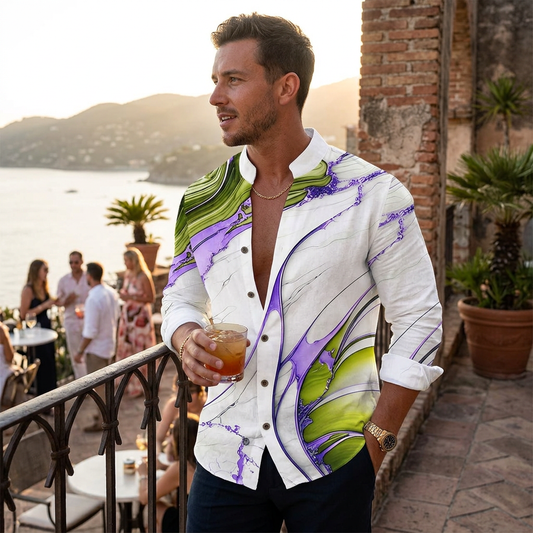 Kessoro Men's Abstract Print Standing-Collar Shirt