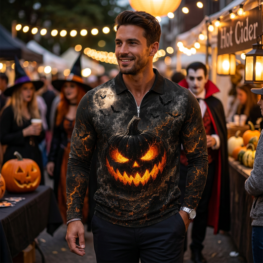 Kessoro Men's Halloween Pumpkin Print Quarter-Zip Long-Sleeve Polo Shirt